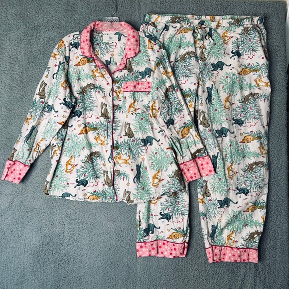 Printfresh 1X Organic Cotton Pajamas Set Cats Christmas Tree Pink Stars Holiday